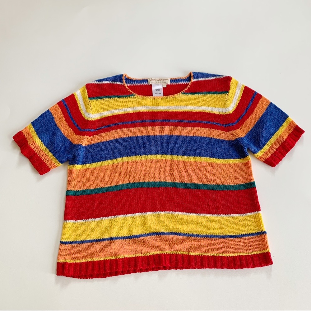 Norm Thompson Vintage Knit Rainbow Stripe Top Short Sleeve Size 1X